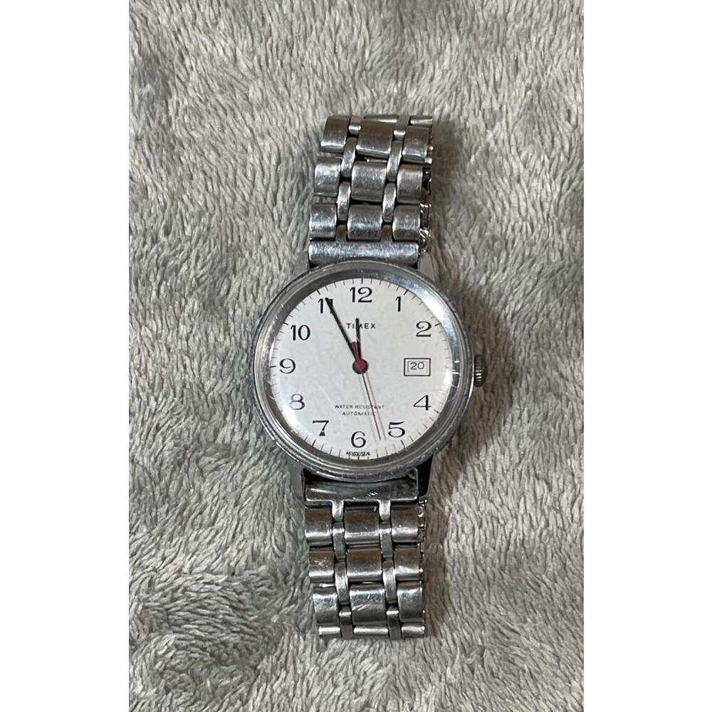 Timex Silver Tone Automatic Date Watch w/Stretch Flex Band-Runs Great